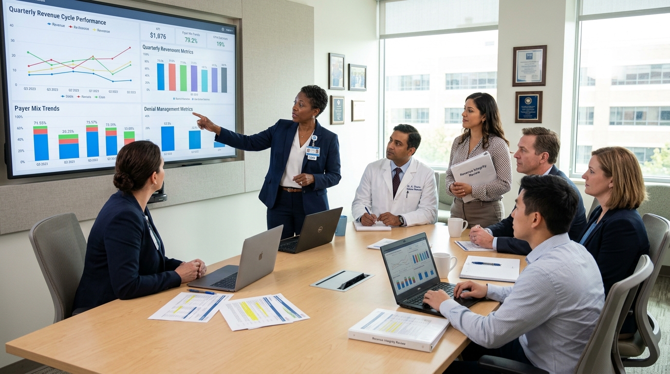 Healthcare administration and medical billing consulting team reviewing revenue cycle performance