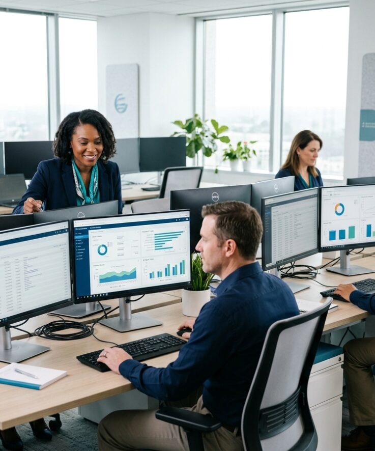 Medical billing specialists and revenue cycle analysts reviewing healthcare claims in modern office