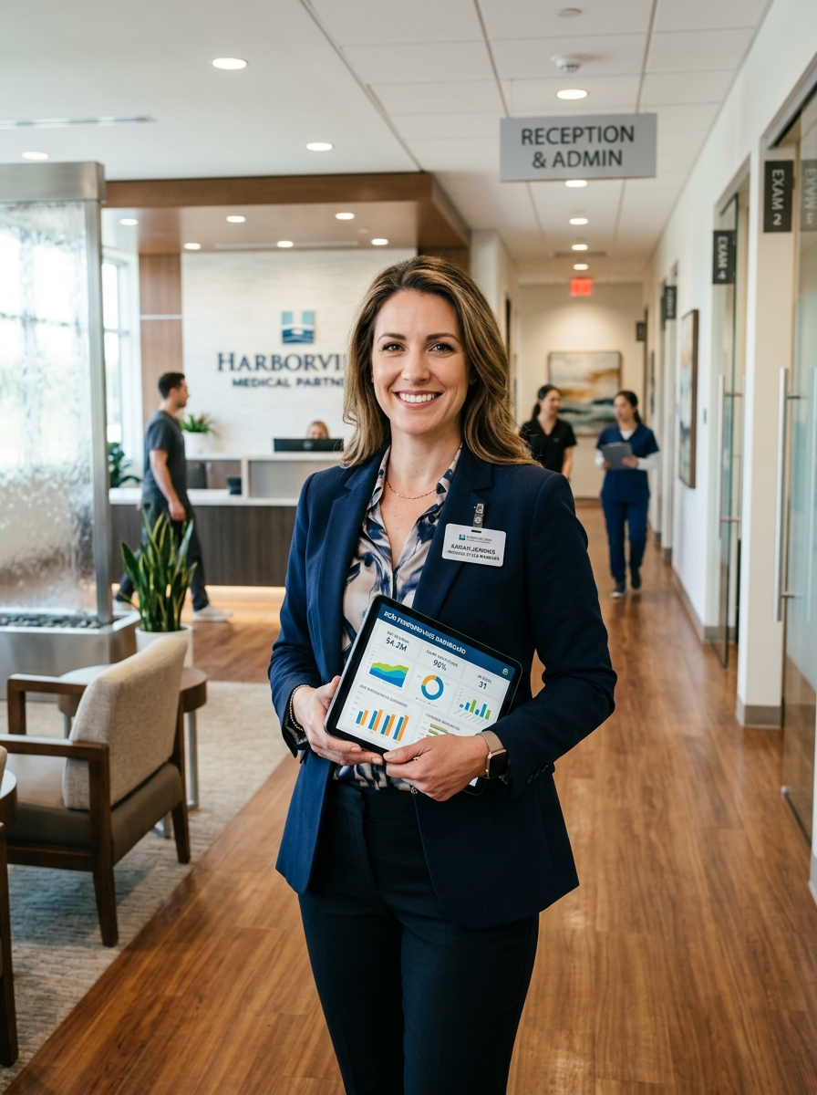 Healthcare revenue cycle manager reviewing medical practice billing analytics on tablet